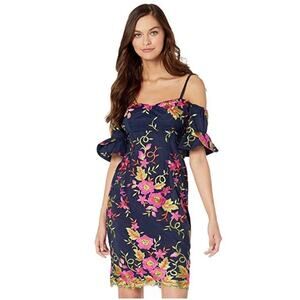 TRINA Trina Turk | Ivar Navy Blue Embroidered Floral Off Shoulder Sheath Dress 2